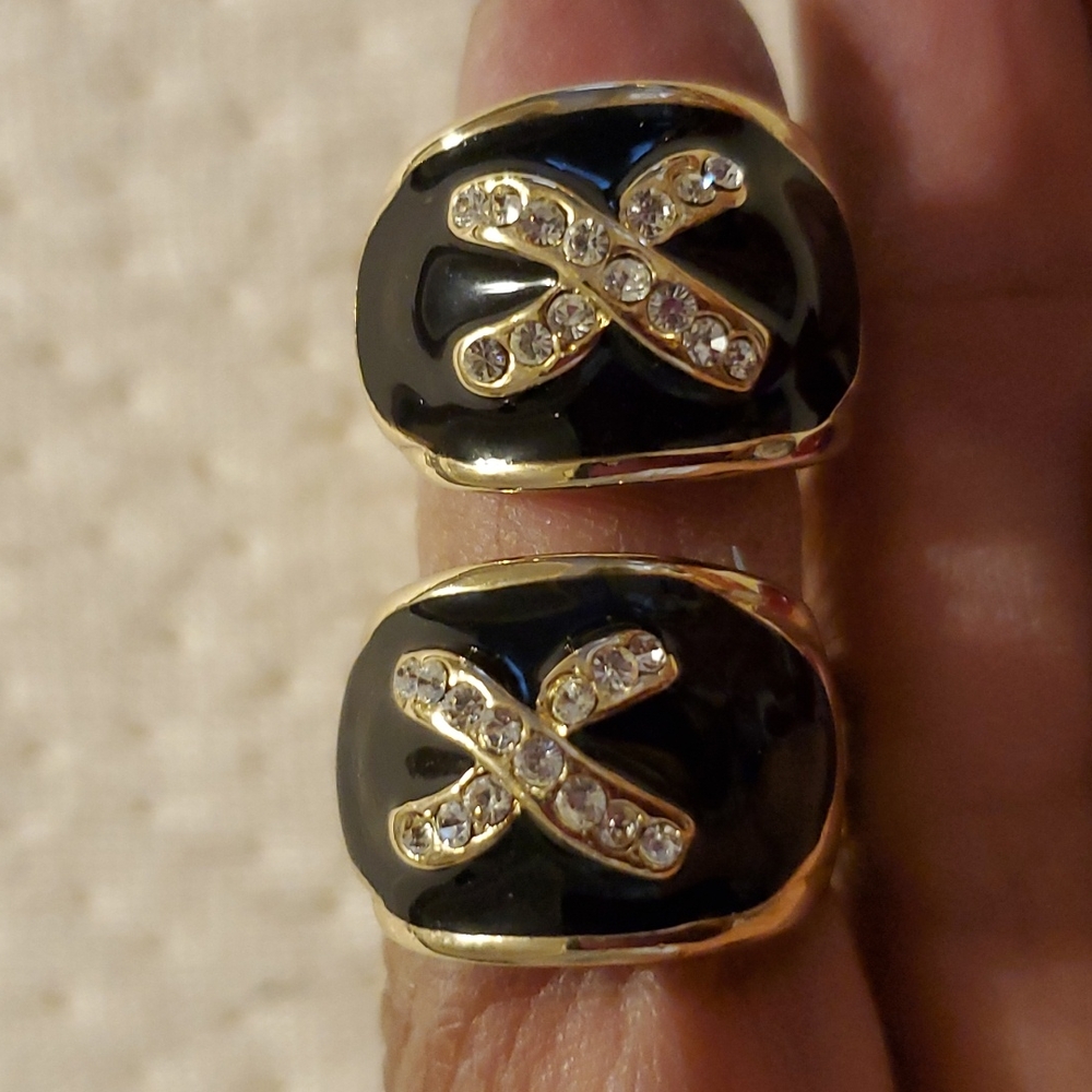 PCI Clip Earrings, Goldtone finish,Black Enamel with crystals in X design.